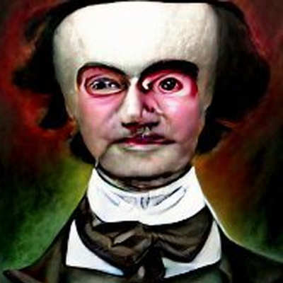 A surreal depiction of Edgar Allen Poe generated by min(DALL-E).
