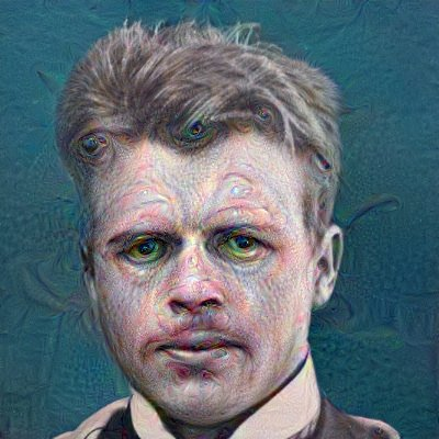 A photograph of young Hermann Rorschach that has been passed through DeepDream.